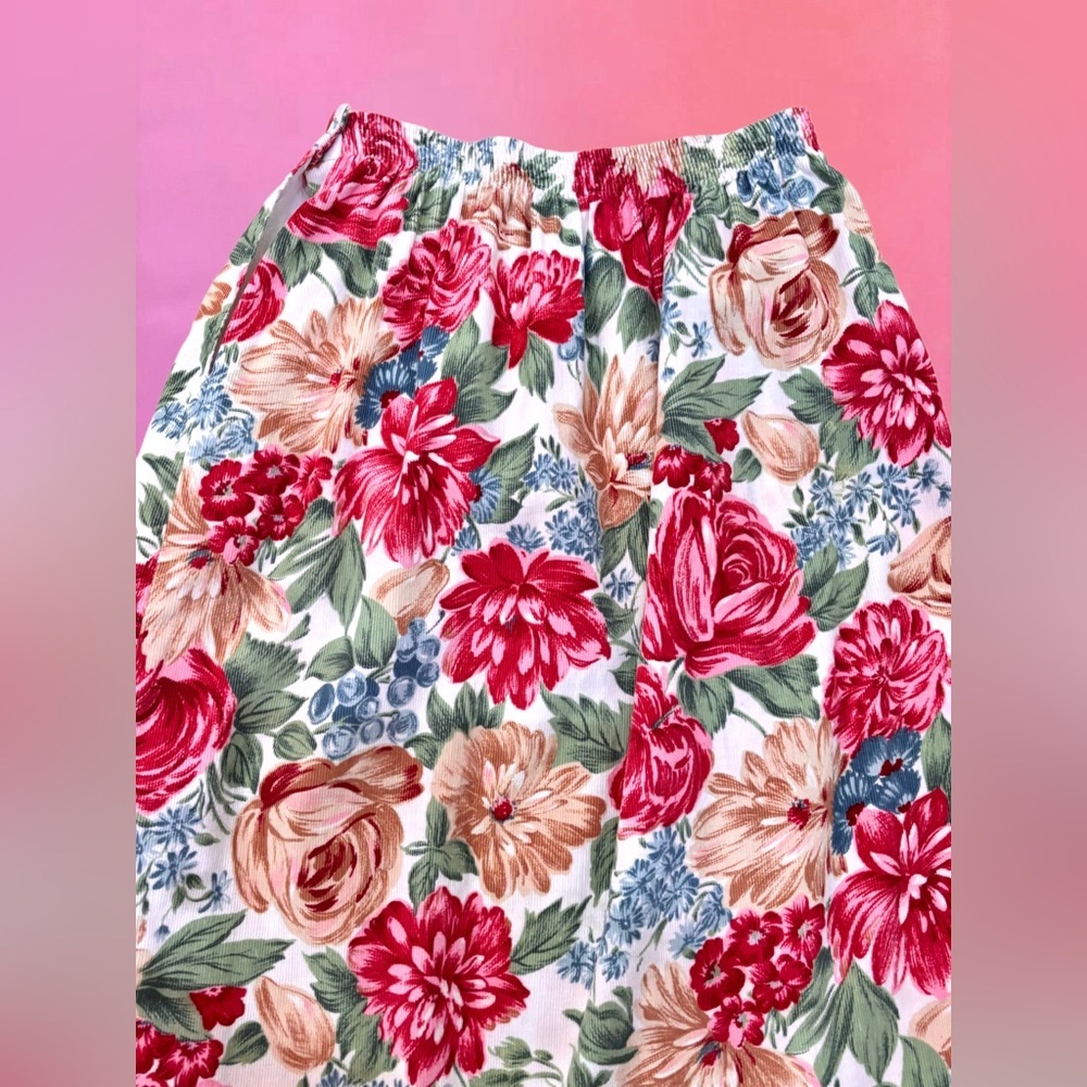 Vintage 1980s Russ Corduroy Light Pink Floral A-Line Maxi Skirt - Small / Medium - Picture 4 of 11